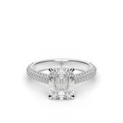 White Gold Emerald Cut Diamond Hidden Halo Pave Engagement Ring With Shared Prong Setting